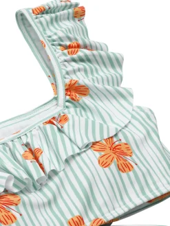 Sale Retro Stage 1950s Floral Stripe Swimsuit & Skirt Cover-Up Light Green