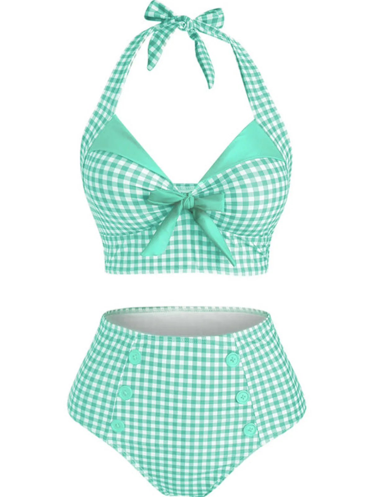 Hot Retro Stage Light Green 1950s Gingham Halter Bowknot Bikini Set