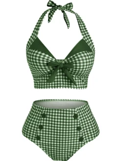 Hot Retro Stage Light Green 1950s Gingham Halter Bowknot Bikini Set