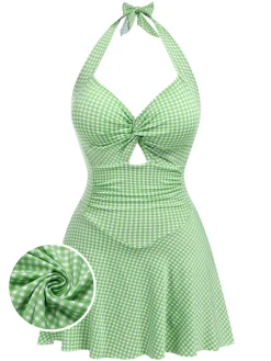 Hot Retro Stage Light Green 1930s Plaid Halter One-Piece Swimsuit
