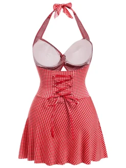 Hot Retro Stage Light Green 1930s Plaid Halter One-Piece Swimsuit