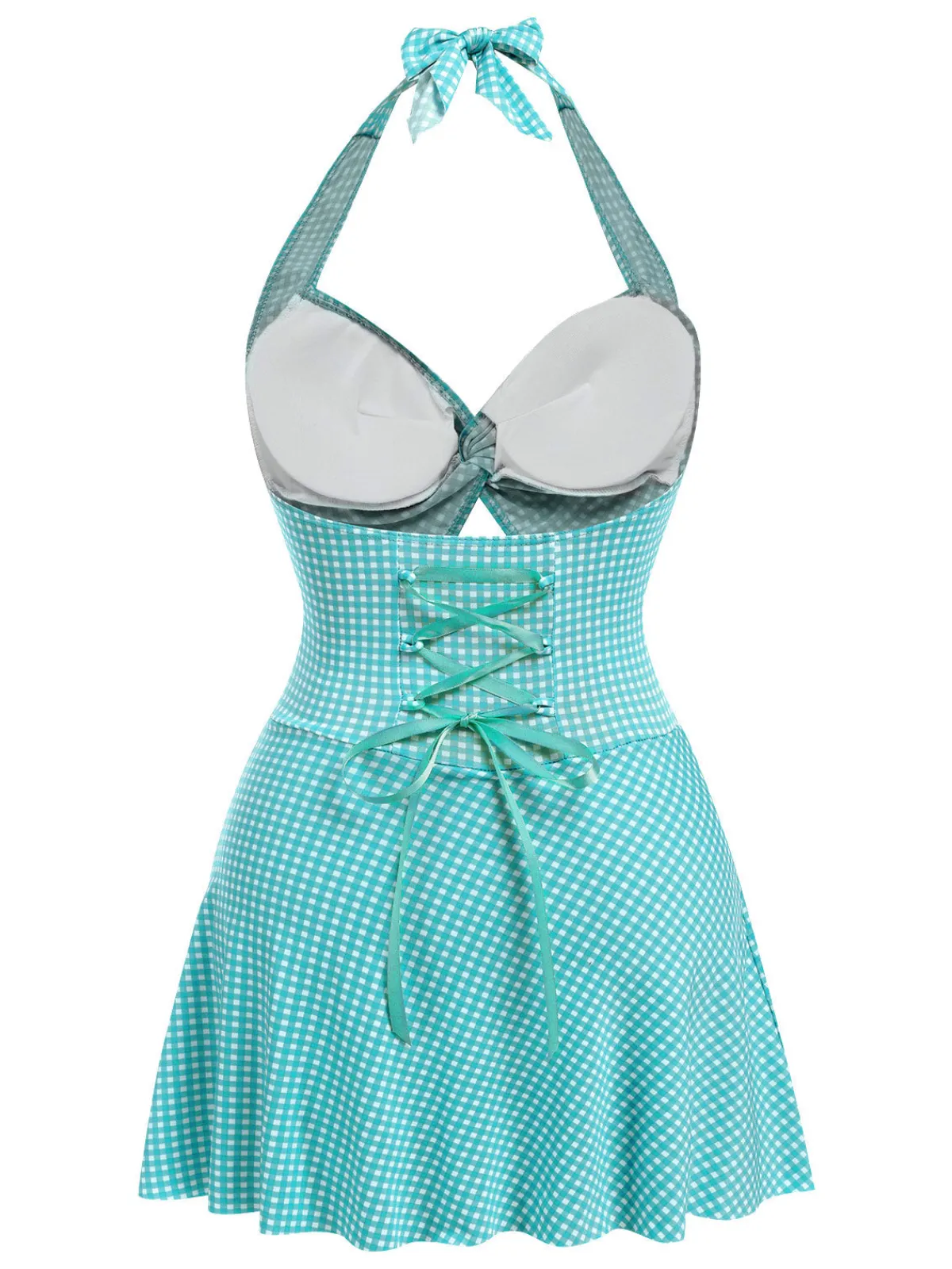 Hot Retro Stage Light Green 1930s Plaid Halter One-Piece Swimsuit
