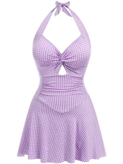 Hot Retro Stage Light Green 1930s Plaid Halter One-Piece Swimsuit