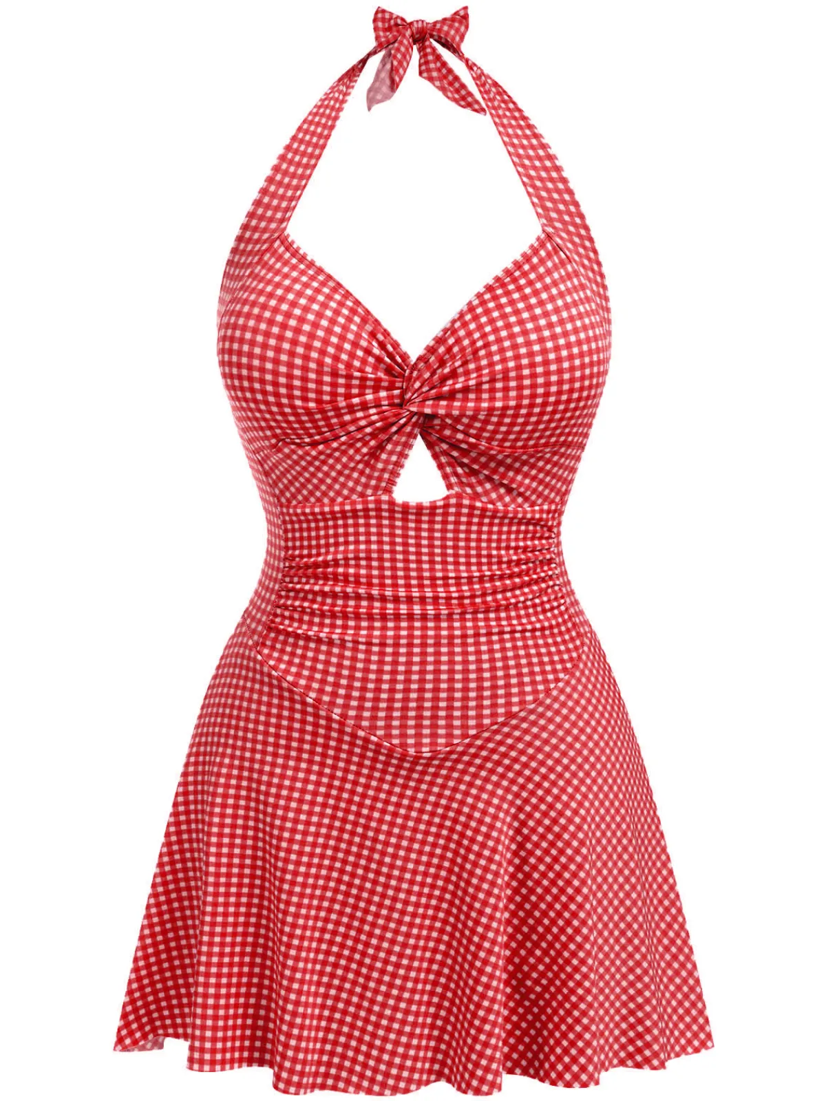 Hot Retro Stage Light Green 1930s Plaid Halter One-Piece Swimsuit