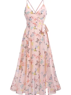 Fashion Retro Stage Butterfly Strap Lace-up Vintage Dress Light Pink