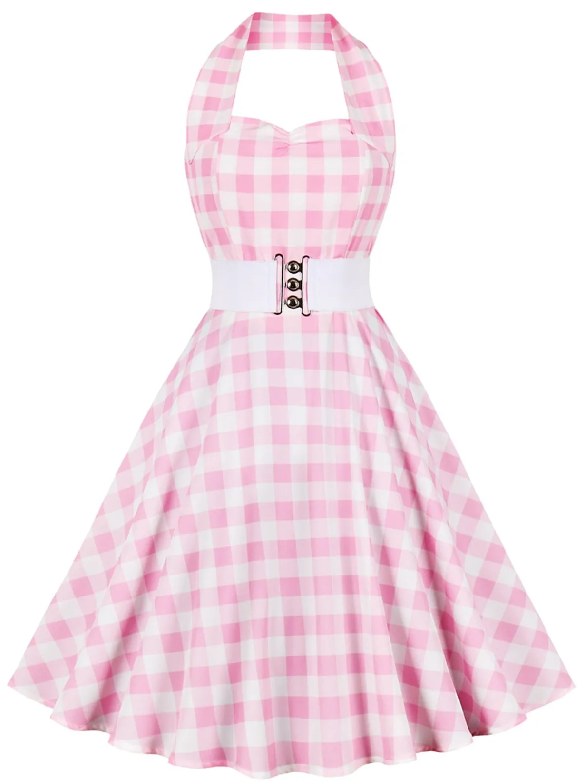 Clearance Retro Stage 1950s Halter Plaids Belted Dress Light Pink