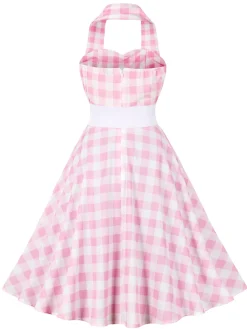 Clearance Retro Stage 1950s Halter Plaids Belted Dress Light Pink