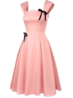 Outlet Retro Stage 1940s Solid Bow Dress Light Pink