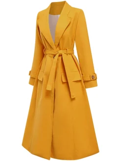 Clearance Retro Stage Mango 1930s Solid Lapel Long Coat Yellow