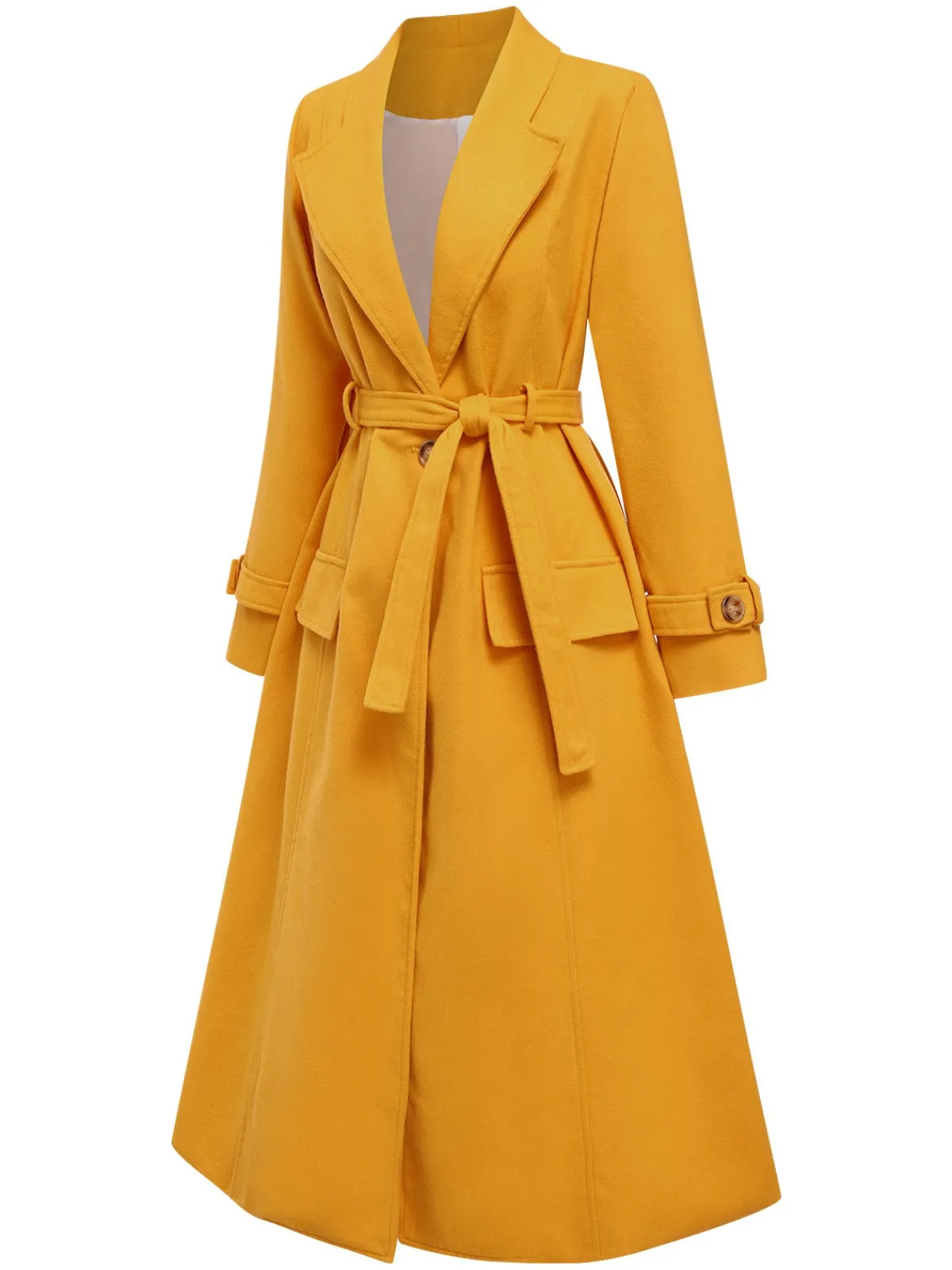 Clearance Retro Stage Mango 1930s Solid Lapel Long Coat Yellow