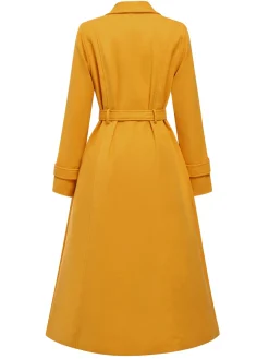 Clearance Retro Stage Mango 1930s Solid Lapel Long Coat Yellow