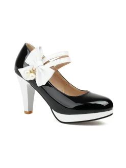 Best Retro Stage Mary Jane Color Block Side Bow High Heel Shoes