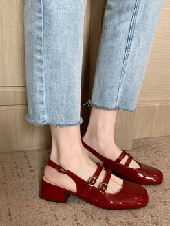 Discount Retro Stage Mary Jane Double-strap Slingbacks Chunky Heels Wine Red