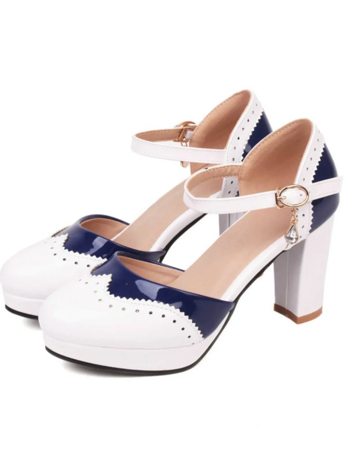 Online Retro Stage Mary Jane Patchwork High Heels Shoes