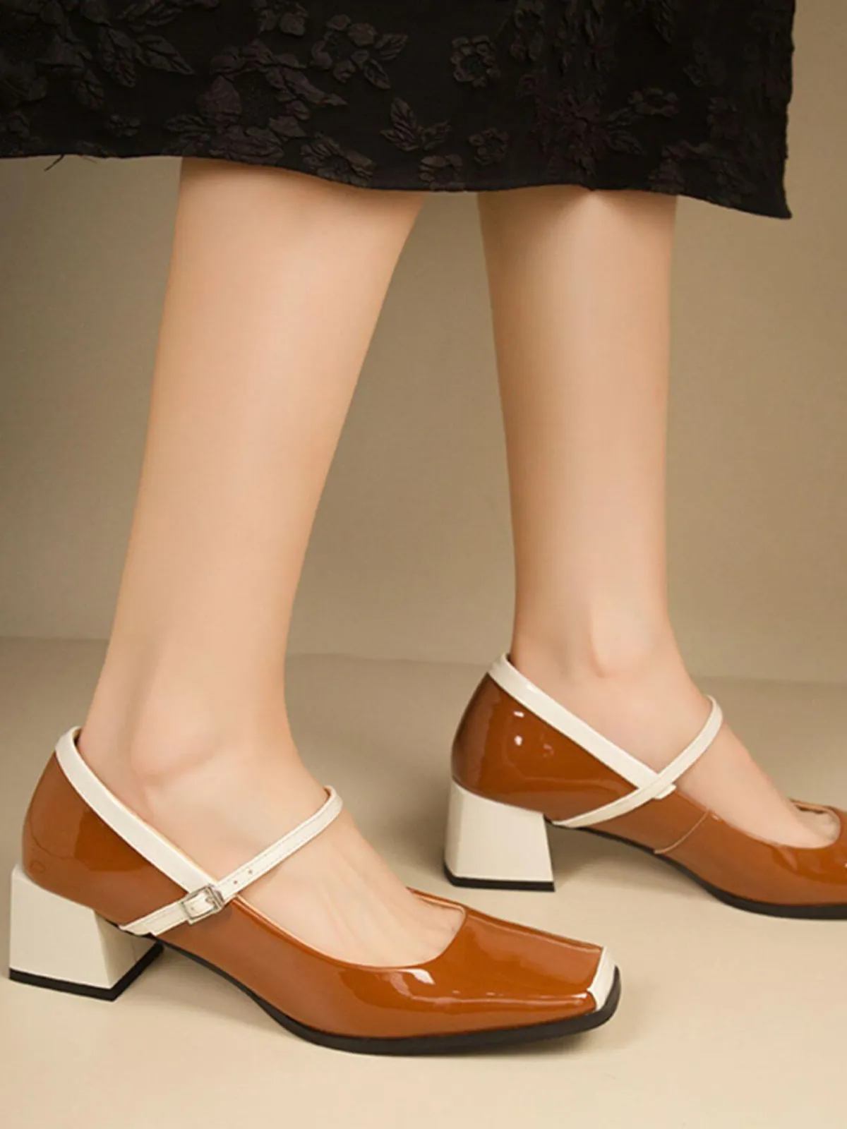 Hot Retro Stage Mary Jane Patent Leather Chunky Heel Shoes