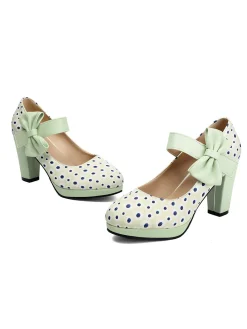Fashion Retro Stage Mary Jane Polka Dots Bowknot Chunky Heels
