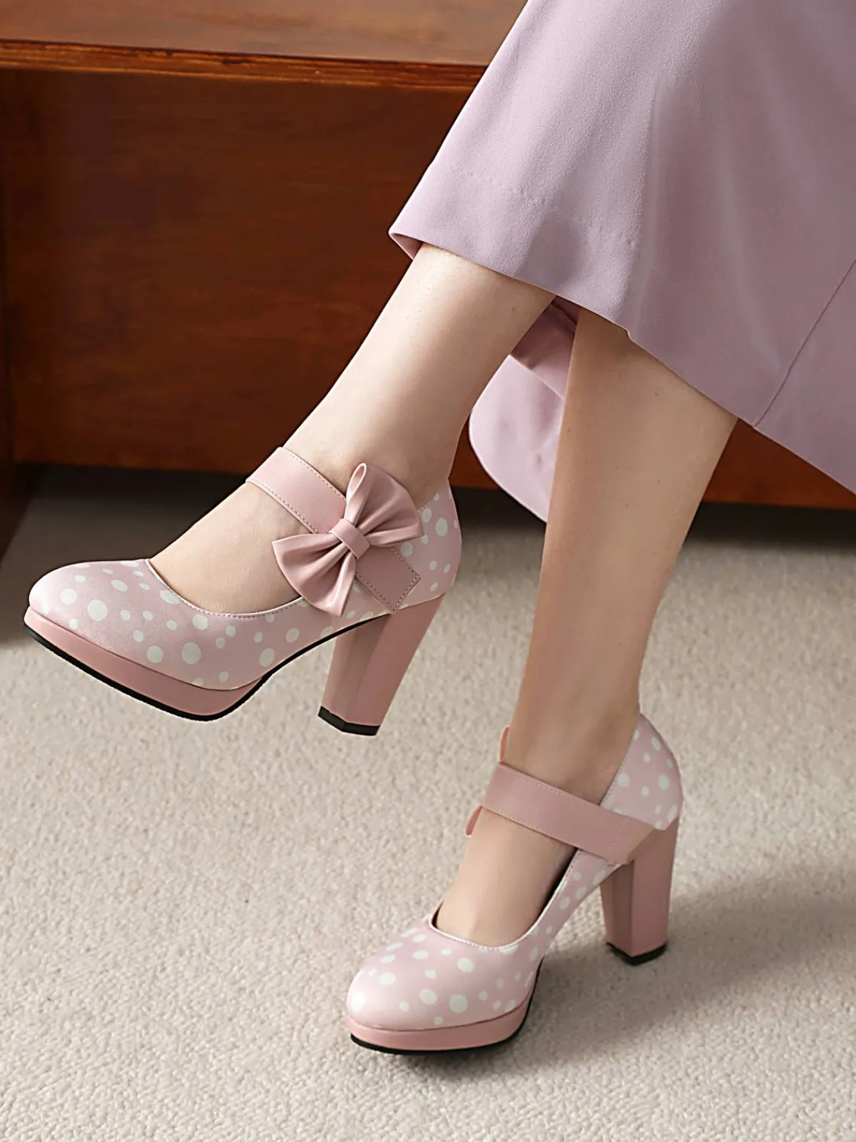 Fashion Retro Stage Mary Jane Polka Dots Bowknot Chunky Heels