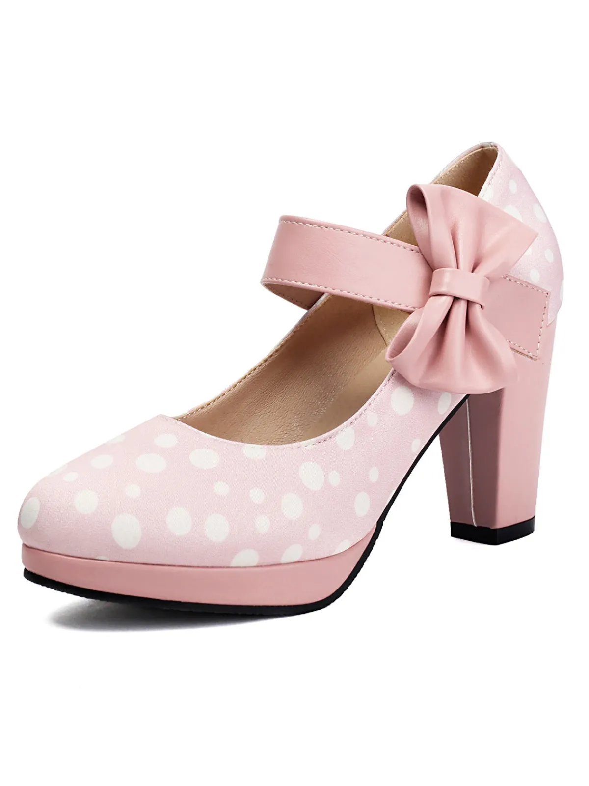 Fashion Retro Stage Mary Jane Polka Dots Bowknot Chunky Heels