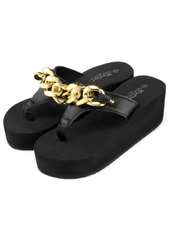 Sale Retro Stage Metal Chain Wedge Flip Flop Slippers Black