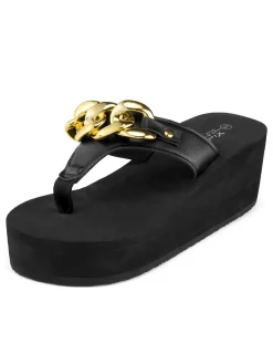 Sale Retro Stage Metal Chain Wedge Flip Flop Slippers Black
