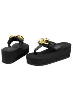 Sale Retro Stage Metal Chain Wedge Flip Flop Slippers Black