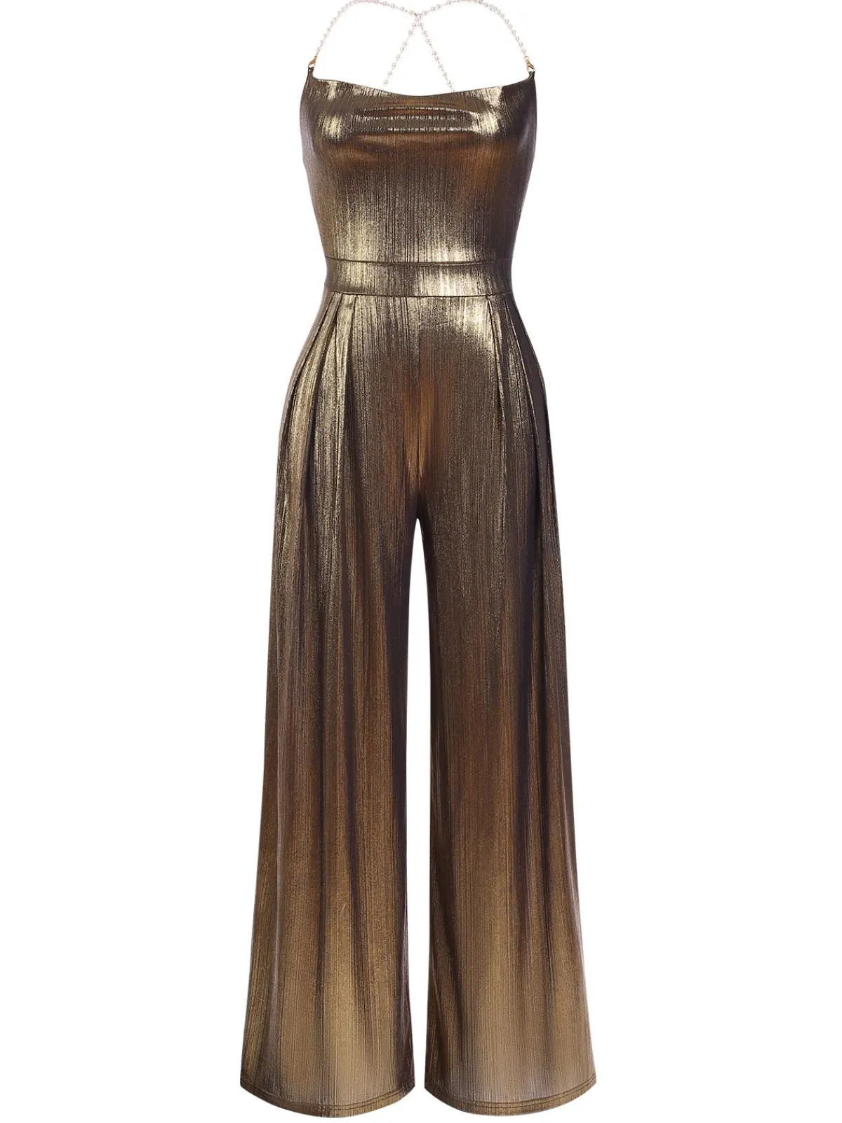 Outlet Retro Stage Metallic Gold 1980s Cowl Neck Spaghetti Strap Jumpsuit