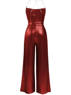 Hot Retro Stage Metallic Red 1980s Cowl Neck Spaghetti Strap Jumpsuit
