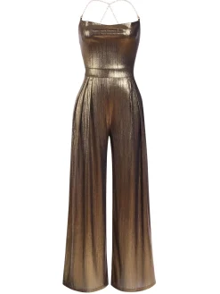 Hot Retro Stage Metallic Red 1980s Cowl Neck Spaghetti Strap Jumpsuit