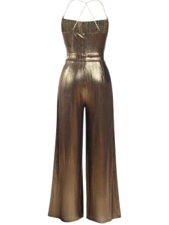 Hot Retro Stage Metallic Red 1980s Cowl Neck Spaghetti Strap Jumpsuit