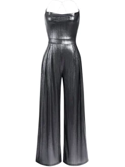 Hot Retro Stage Metallic Red 1980s Cowl Neck Spaghetti Strap Jumpsuit