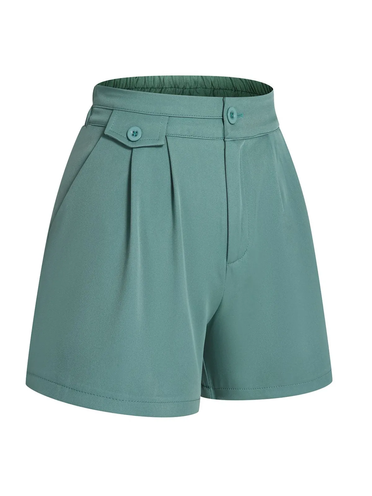 Fashion Retro Stage Mint 1950s Solid Pleating Decorative Pocket Shorts Green