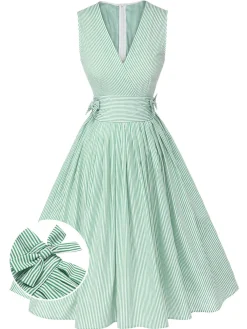 Best Retro Stage Mint 1950s Striped V-Neck Dress Green