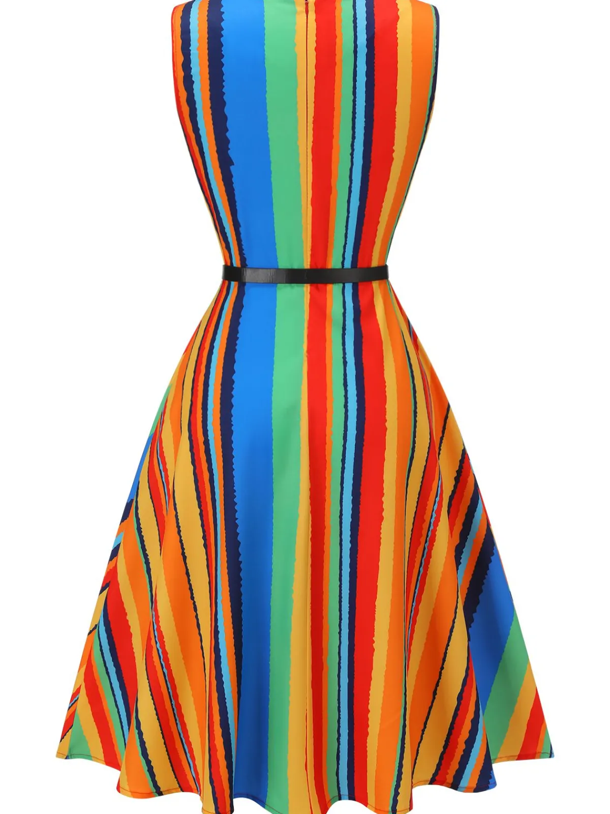 Clearance Retro Stage 1950s Stripe Crew Dress With Belt Multi