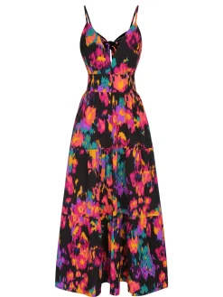 Clearance Retro Stage 1970s Abstract Floral A-line Strap Dress Multicolor