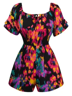Fashion Retro Stage 1960s Abstract Paints Ruffle Off-Shoulder Romper Multicolor