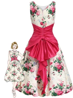 Best Retro Stage 1950s Back Bow Antique Floral Dress Multicolor