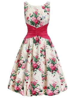 Best Retro Stage 1950s Back Bow Antique Floral Dress Multicolor
