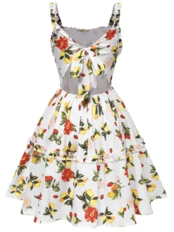 Clearance Retro Stage 1940s Back Hollow Lemon Floral Dress Multicolor