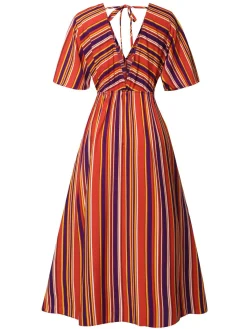 New Retro Stage 1970s Bayadere Stripes V-Neck Dress Multicolor