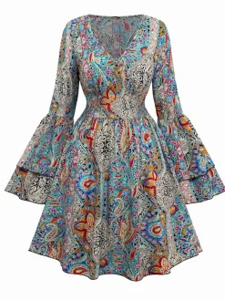 Clearance Retro Stage 1970s Bohemian Paisley Floral Bell Sleeve Dress Multicolor