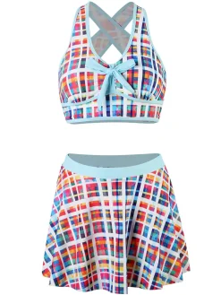 New Retro Stage 1970s Bohemian Plaid Print Skirt Swimsuit Multicolor