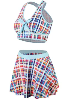 New Retro Stage 1970s Bohemian Plaid Print Skirt Swimsuit Multicolor
