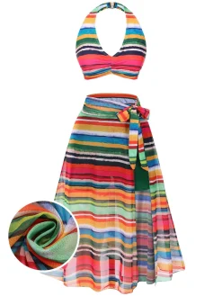 Clearance Retro Stage 1970s Boho Stripes Swimsuit With Cover-Up Multicolor