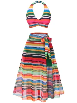 Clearance Retro Stage 1970s Boho Stripes Swimsuit With Cover-Up Multicolor