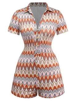 Best Retro Stage 1970s Boho Trees Lapel Romper Multicolor