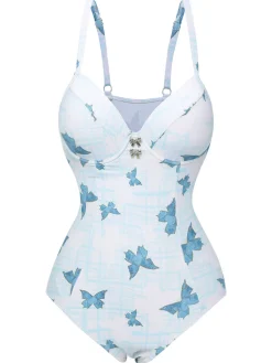 Best Retro Stage 1970s Butterfly Bow Strap Swimsuit Multicolor