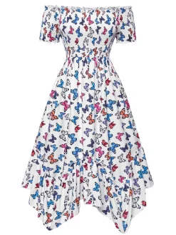 Outlet Retro Stage 1930s Butterfly Print Off-Shoulder Irregular Dress Multicolor