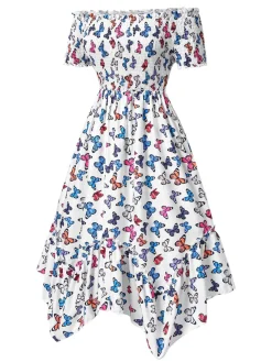 Outlet Retro Stage 1930s Butterfly Print Off-Shoulder Irregular Dress Multicolor