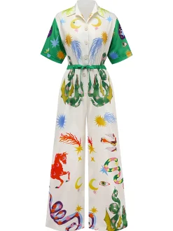 New Retro Stage Multicolor 1930s Cartoon Animals Shirt Collar Jumpsuit White