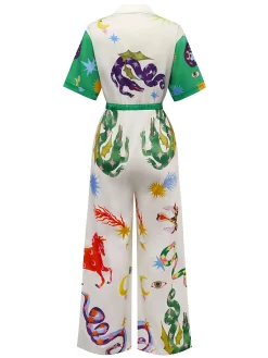 New Retro Stage Multicolor 1930s Cartoon Animals Shirt Collar Jumpsuit White